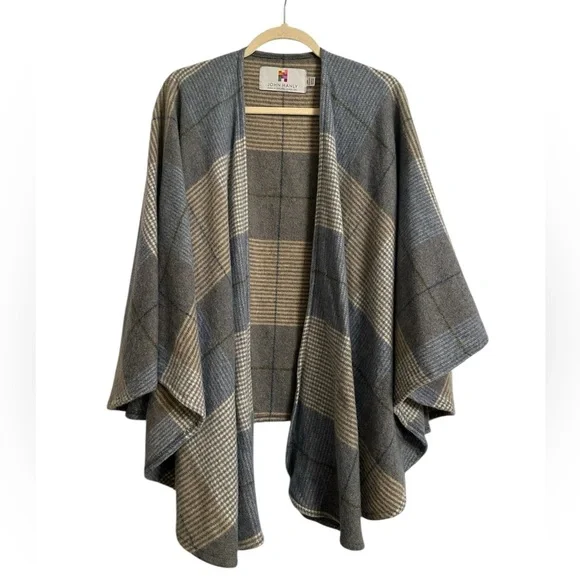 John Hanly 100% Lambswool Cape | Cream Taupe Denim Check | One Size | Ireland - Picture 5 of 8